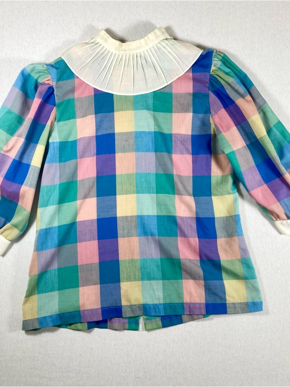 VTG Jonathan Logan multicolor plaid blouse pleated collar button-down size 34